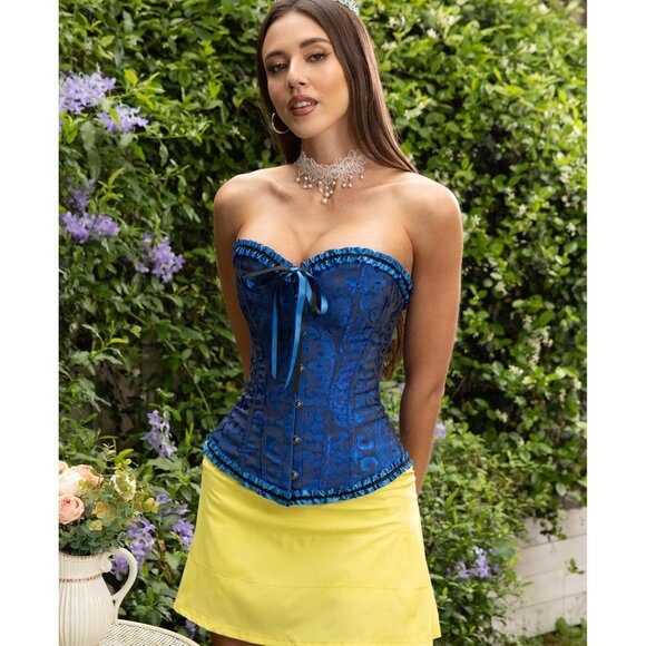 Women's Black and Blue Corset Tops Bustier Lingerie Lace Waist Push Up Bodysuit - Picture 2 of 8